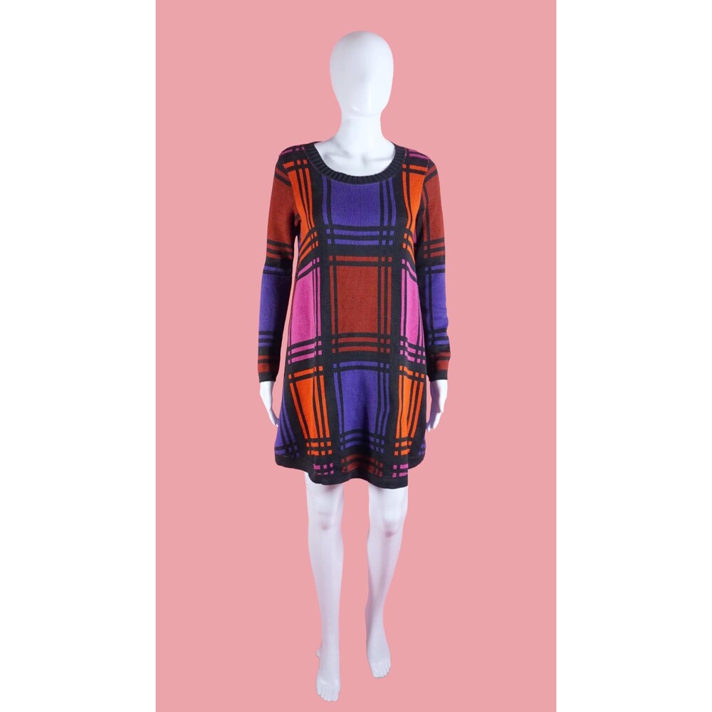 1990s Vintage BETSEY JOHNSON. Color Blocked Grid Knit SWEATER Dress. XS-S